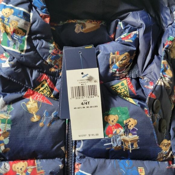 New Polo Bear Ralph Lauren Boy Water Repellent Navy Down Hood Pony Jacket - Picture 15 of 16